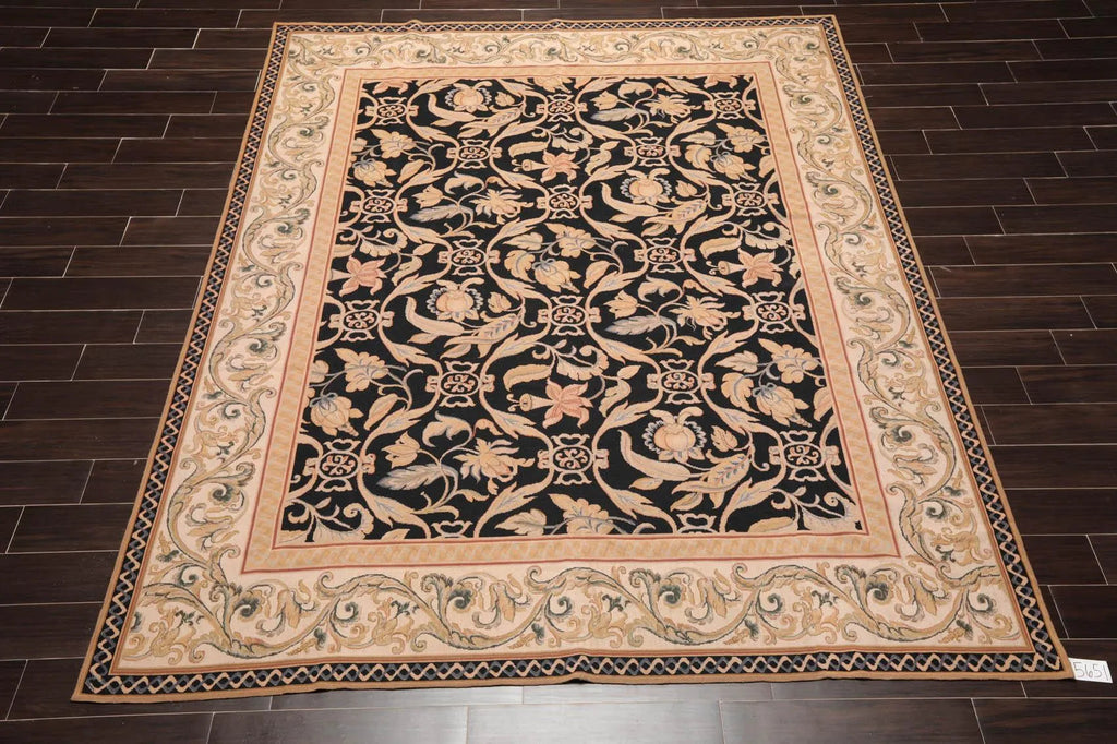 8'x10' Hand Woven Wool French Aubusson Botanical Flatweave Area Rug Black