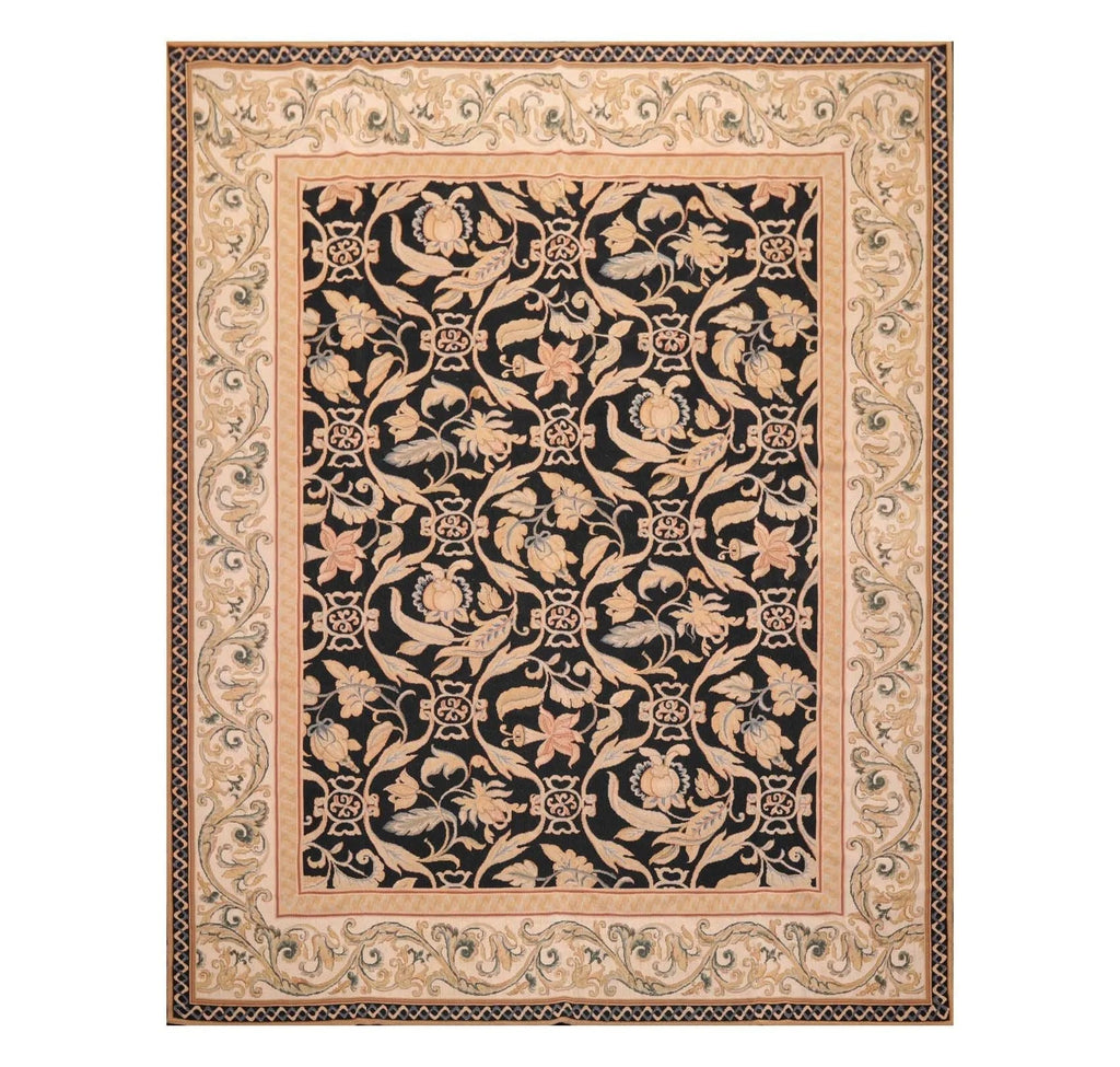 8'x10' Hand Woven Wool French Aubusson Botanical Flatweave Area Rug Black