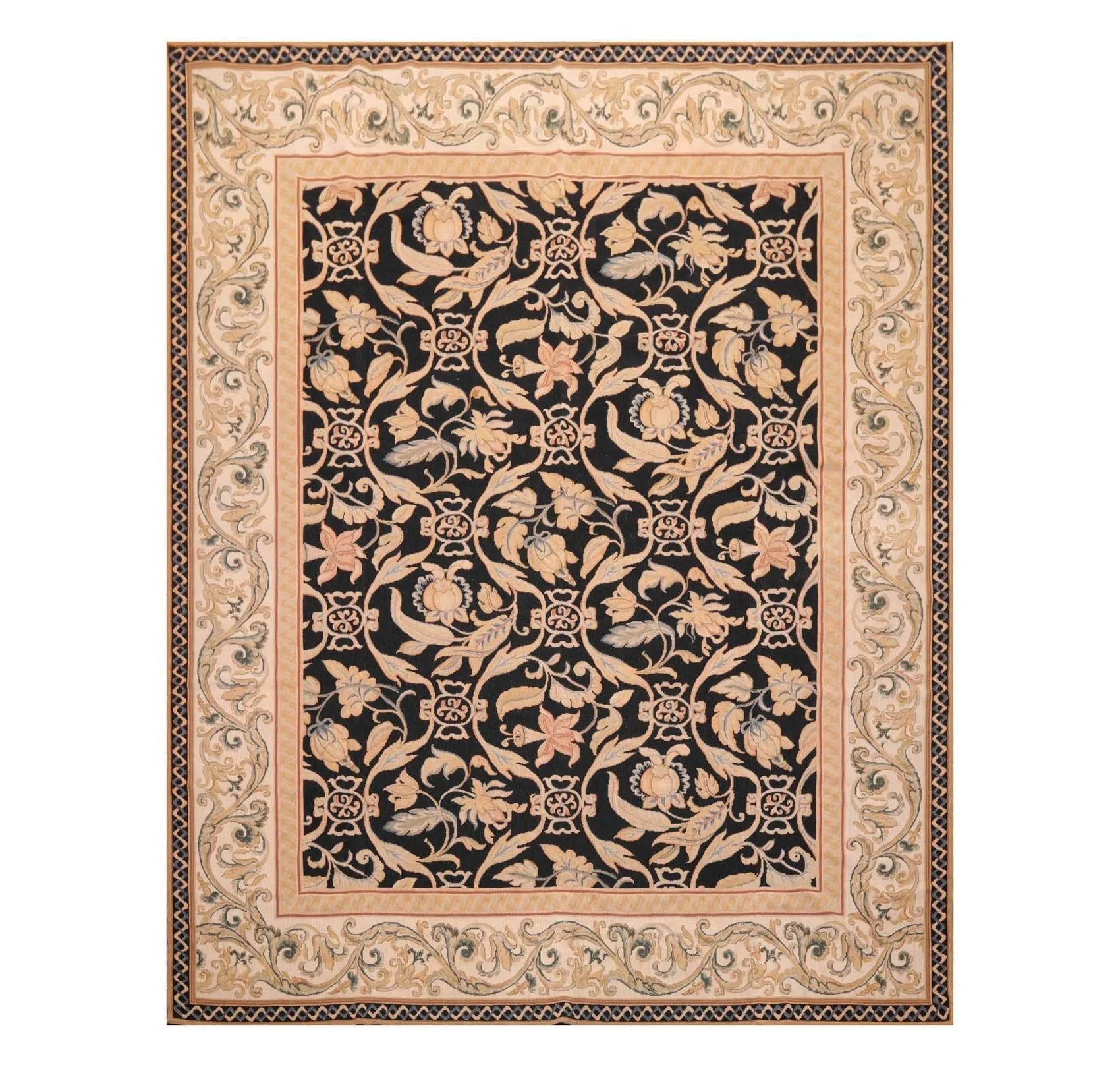 8'x10' Hand Woven Wool French Aubusson Botanical Flatweave Area Rug Black