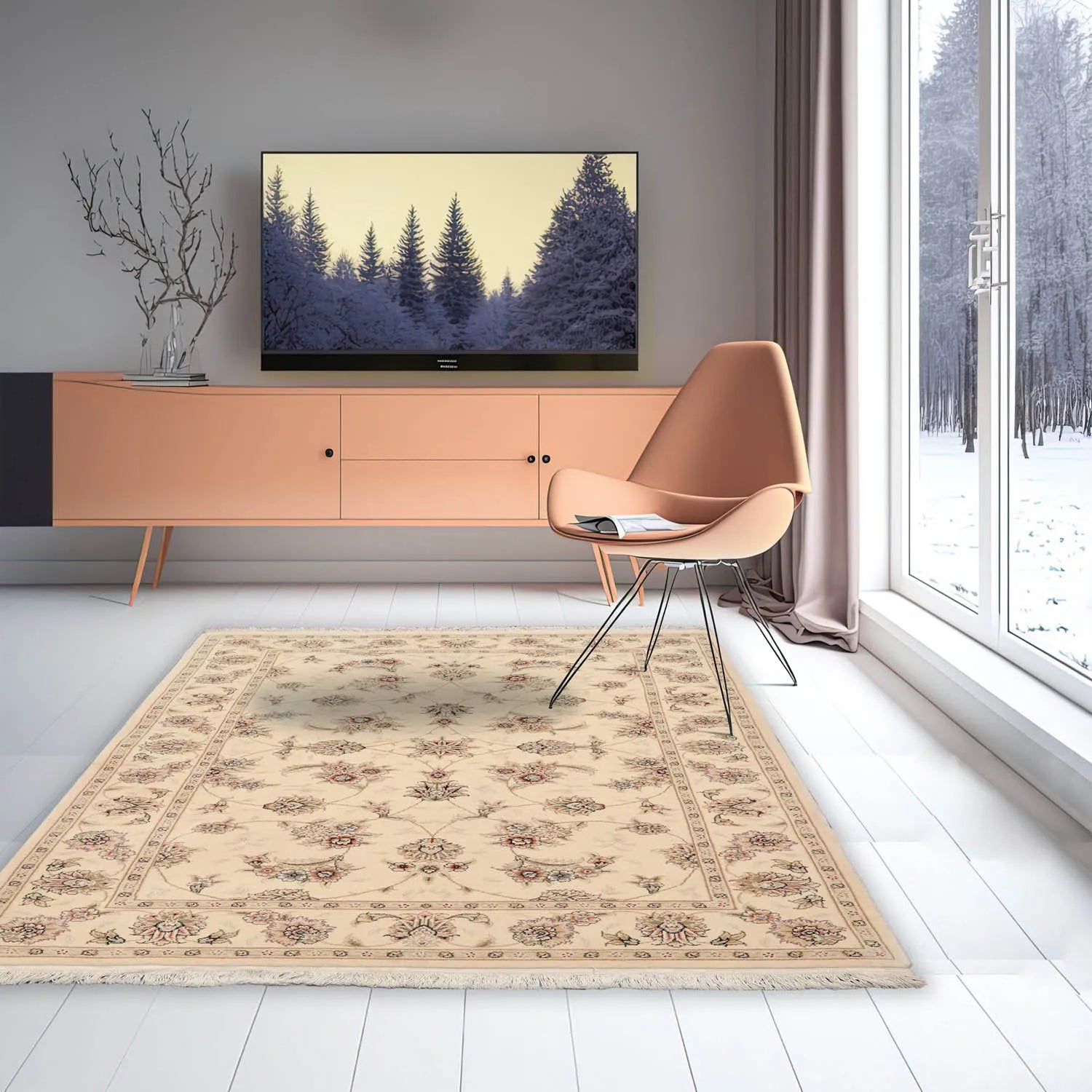 4'x6'Ivory, Brown Hand Knotted Sino Persian Wool and Silk Sino Persian Traditional 300 KPSI Oriental Area Rug